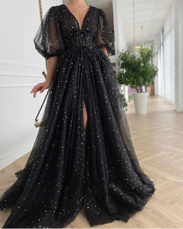 Fashionable Women's Clothes Starry Black Tulle Prom Dress, Starry Tulle Mesh Dress, Plus Size Prom Dress, Graduation Party Dress, Formal Ball Gown, Bridesmade Dress gh1824