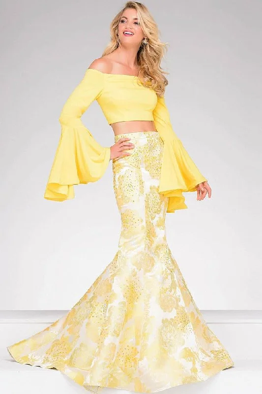 Classic Women's Clothing Styles Jovani Long Bell Sleeve Two-Piece Mermaid Gown 48922 - 2 pcs Yellow In Size 4 and Size 6Available