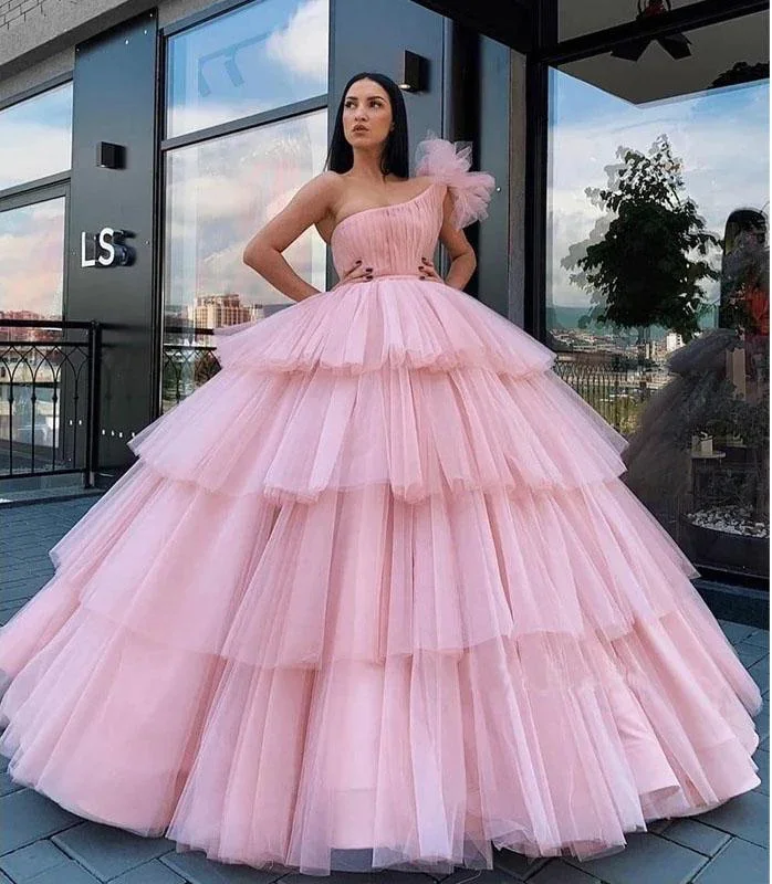 Modern Women's Apparel Charming Ball Gown Tulle Pink One Shoulder Long Prom Dresses, Quinceanera Dresses  gh2091