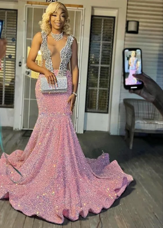 Women's Wedding Apparel Sequin Evening Dress Custom Made Black Girl Mermaid Prom Gowns  gh2116