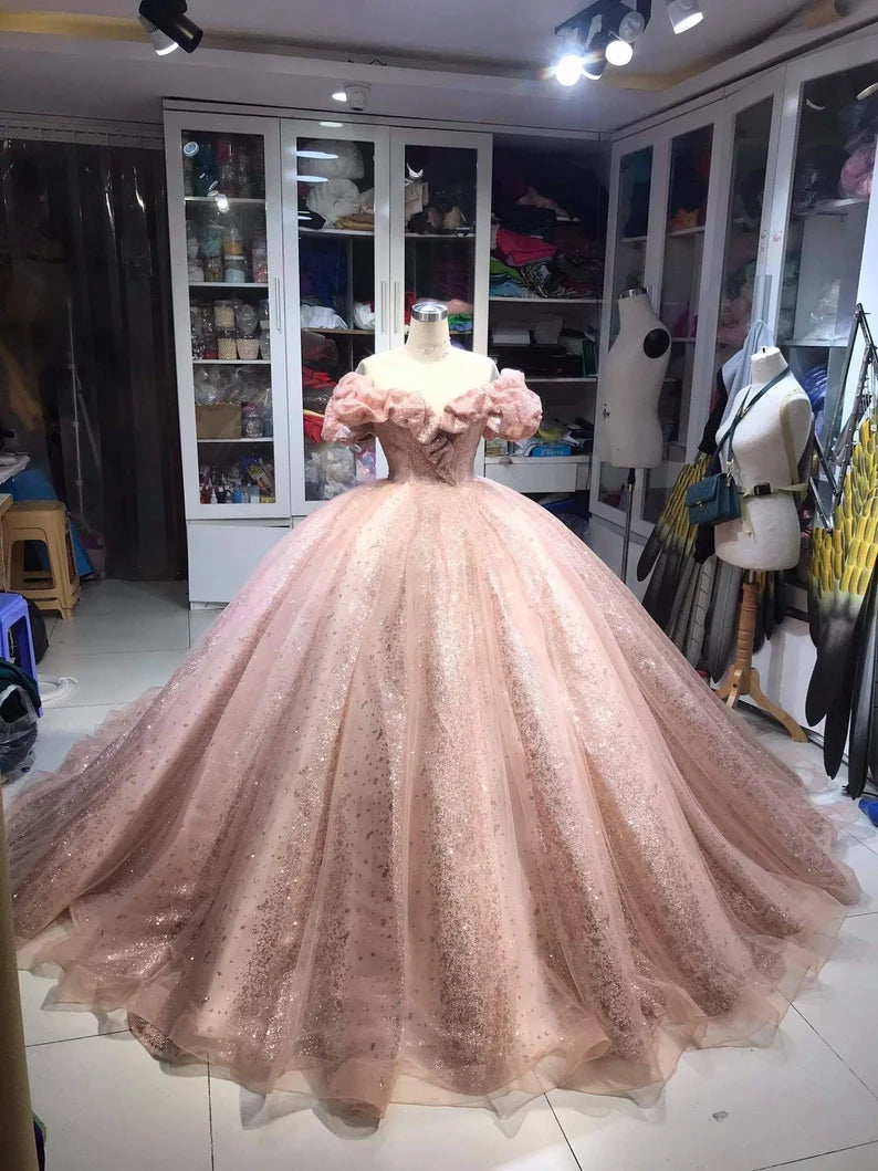 Women's High Street Fashion Champagne pink sweet shiny gorgeous elegant long ball gown evening dress princess adult ceremony ball gown gh3115