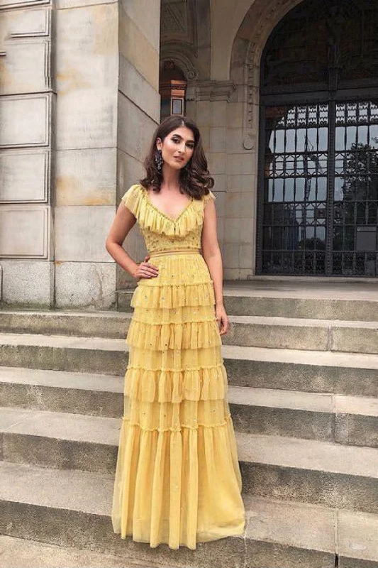 Women's High-Fashion Outfit Yellow fashion unique ruffled V neck long floor length tulle ball gown evening dress gh2786