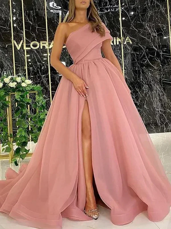 Women's Workout Garments Gorgeous Pink Ball Gown Organza Ruffles One-Shoulder Sleeveless Sweep/Brush Train Dresses  gh2267