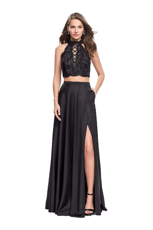 Casual Wear La Femme - Two-Piece High Halter Lace Up Bodice A-Line Gown 25263 - 1 pc Black In Size 8 Available