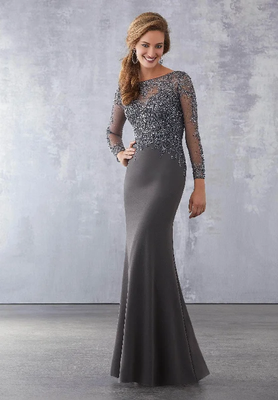 Women's Casual Wear Outfit MGNY By Mori Lee - Illusion Long Sleeve Beaded Bateau Gown 71716