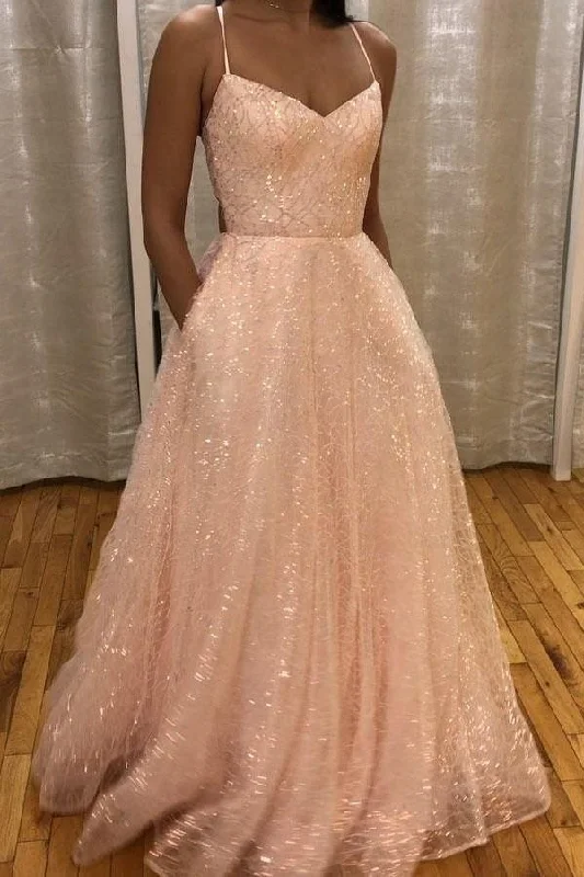 Women's Outerwear Attire Sparkly Pink Prom Dresses Long A-line Backless Formal Gown With Pocket gh2603