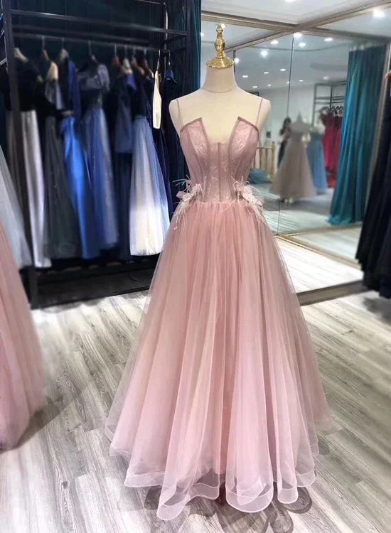 Women's Stylish Vacation Attire Charming Tulle Straps Long Formal Gown, Pink Elegant Party Dress gh2499