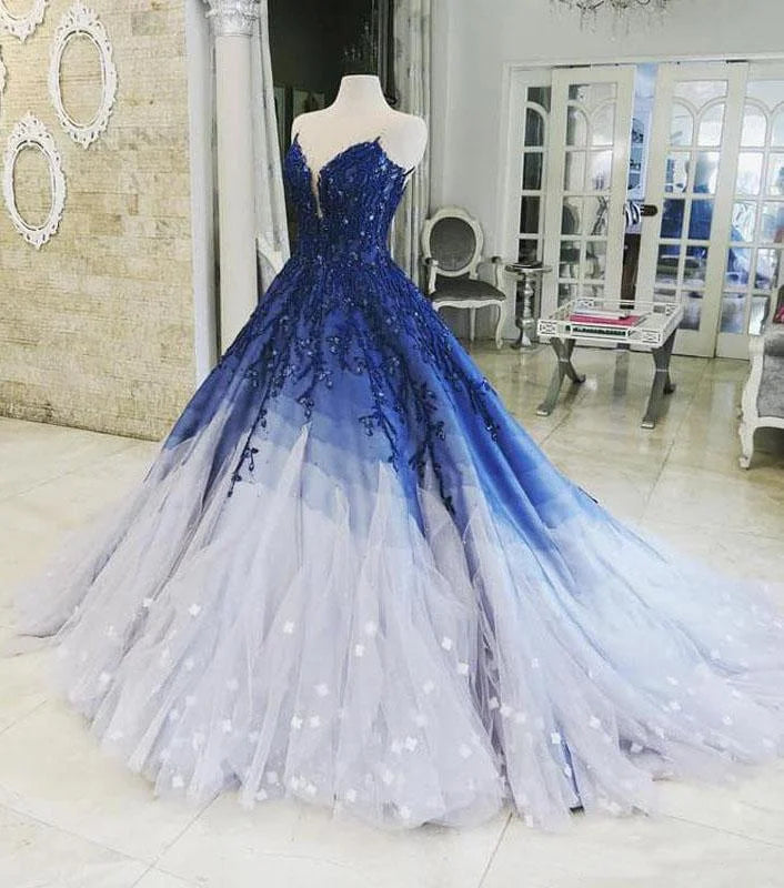 Effortless Chic for Women Blue Shiny Elegant V-Neck Applique Gradient Long Ball Gown Prom Dress Evening Dress Adult Ceremony Dress gh3104