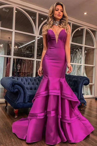 Women's Professional Garments Elegant off-the-shoulder deep V-neck mermaid ball gown on sale with romantic ruffles gh2378