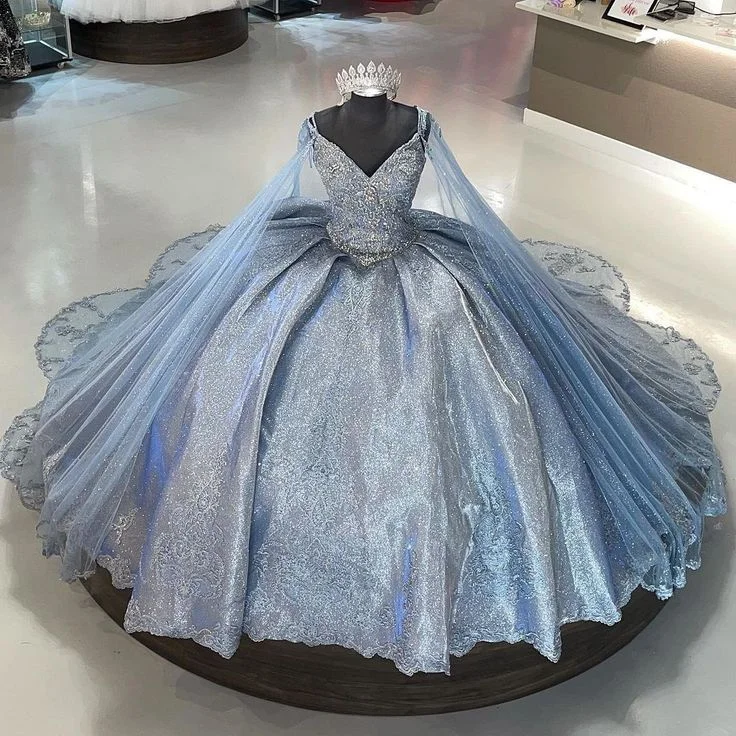 Versatile Women's Fashion Blue gorgeous shiny sequins small V-neck long ball gown evening gown graduation gown gh3089