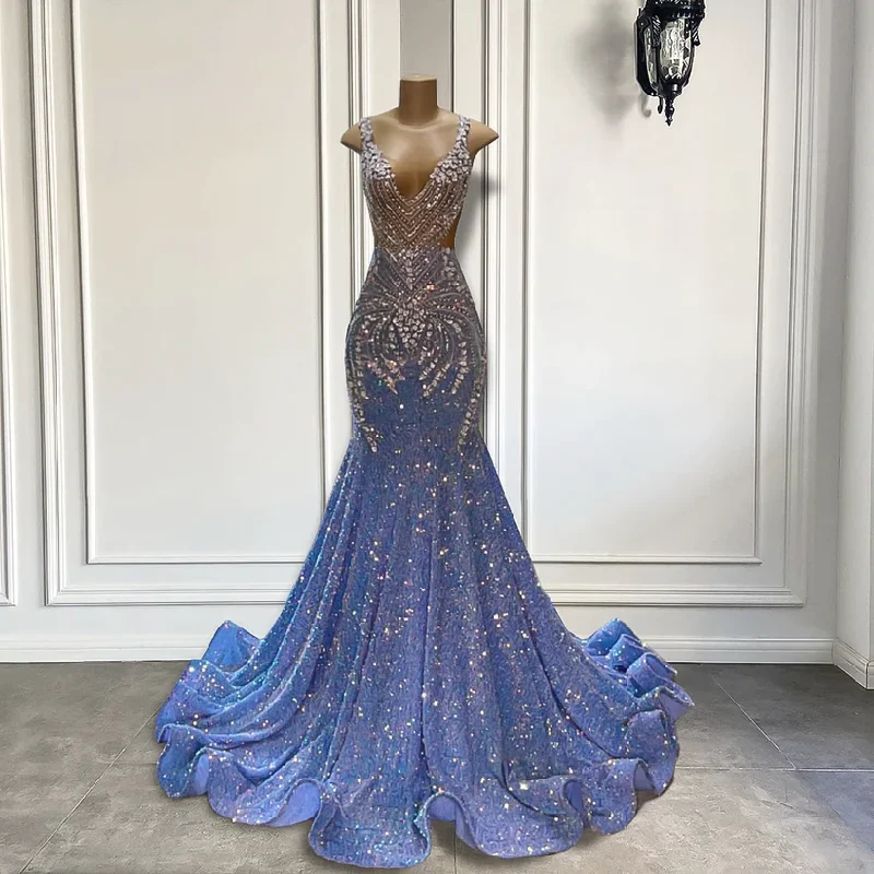 Women's Attire Light blue luxury gorgeous sparkling exquisite beading long floor-length ball gown mermaid slim silver crystal evening dress gh2656