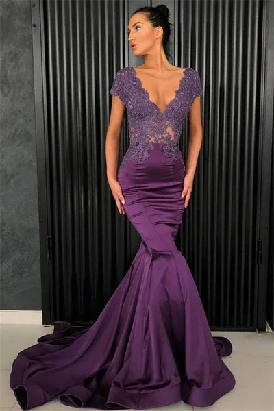 Women's Luxury Garments Chic V-neck short sleeve evening gown mermaid beaded long dress gh2366