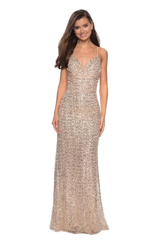 Women Apparel La Femme - Sequined V-Neck Open Back Gown 27234 - 1 pc Light Gold In Size 0 Available