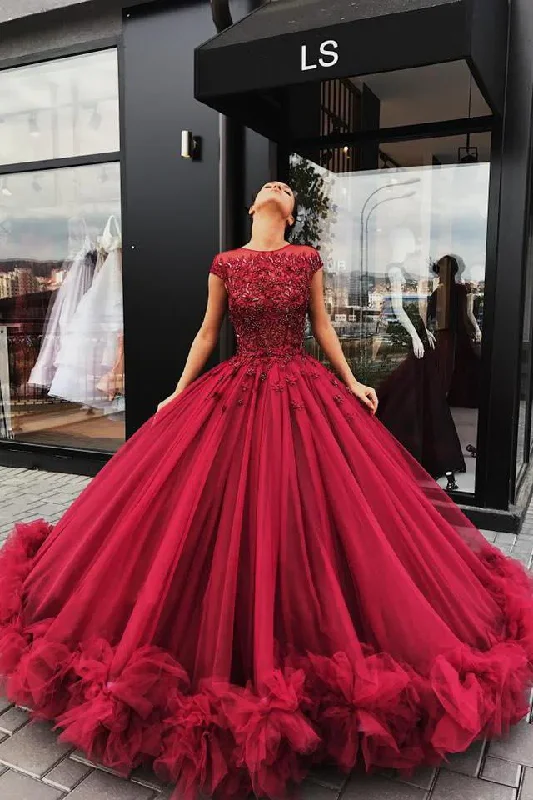 Women's Functional Apparel For Outdoor Activities Red Tulle Appliques Ball Gown Round Neck Prom Dress,Sweet 16 Dresses,Quinceanera Dresses  gh1966