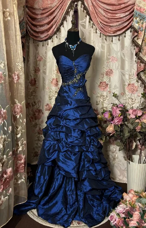 Everyday Women's Fashion Trends Blue vintage rhinestone embellished elegant long pleated ball gown evening dress gh3057