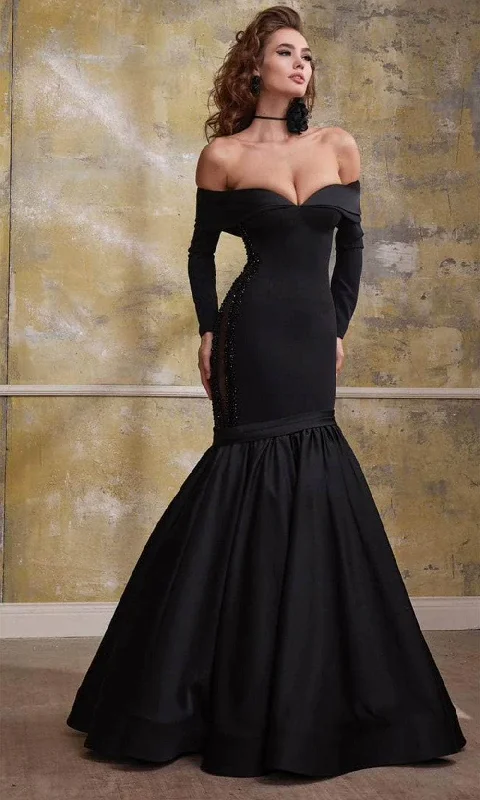 Women's Plus-Size Apparel MNM Couture N0563 - Off-Shoulder Long Sleeve Sweetheart Evening Gown