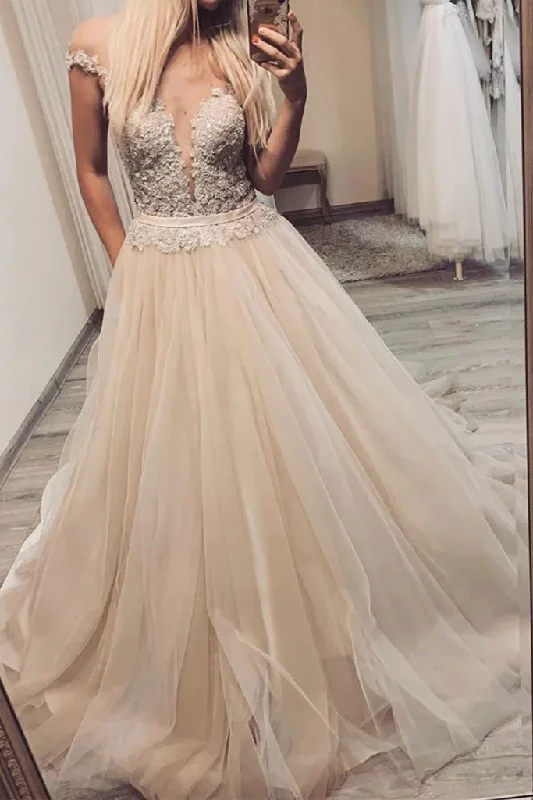 Women's Everyday Attire Cheap Long Prom Dresses A-line V-neck Off-Shoulder Tulle Pageant Gown gh2555