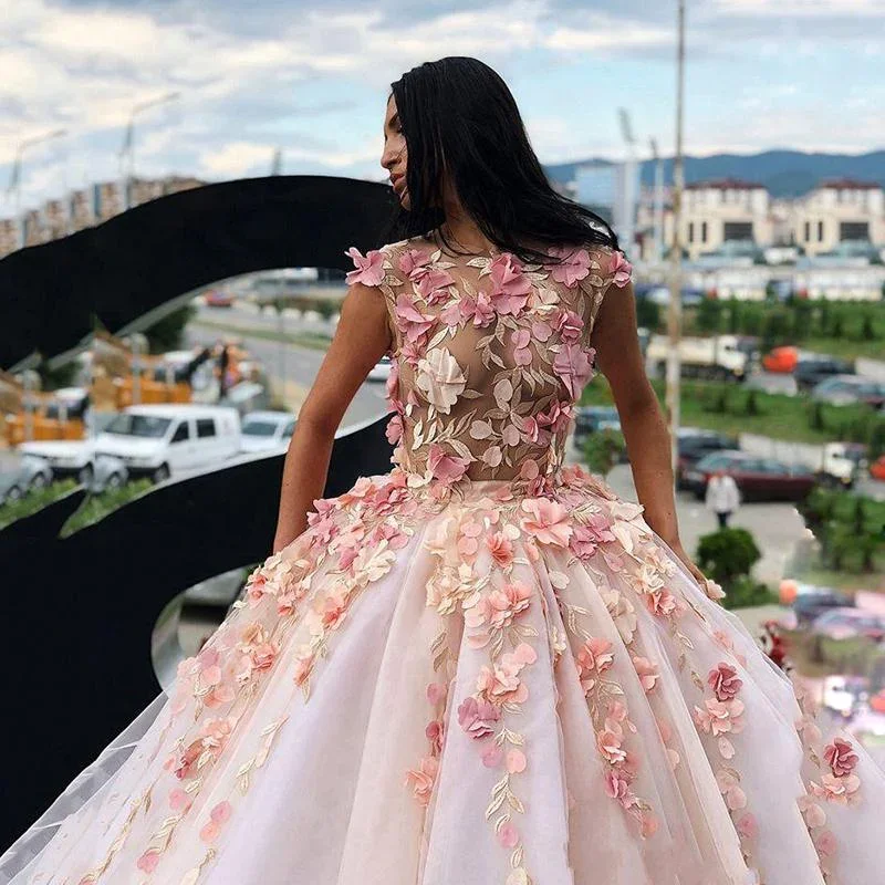 Women's Clothing Apparel Sets Princess Ball Gown Pink Tulle Prom Dresses with Handmade Flowers, Quinceanera Dress gh2127