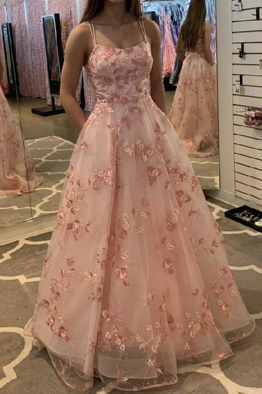 Women's Chic Outerwear Garments Pink tulle lace long ball gown dress A line evening dress  gh2276