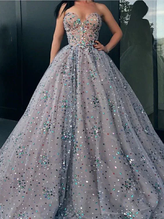 Women's High-Fashion Garments Princess Strapless Sweetheart Beads Ball Gown Rhinestone Prom Dress with Long Sparkly  gh2329