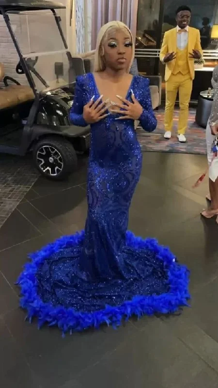 Casual Outfit For Women Sequined Mermaid Prom Dresses Royal Blue Sexy Party Gown with Feather gh2983