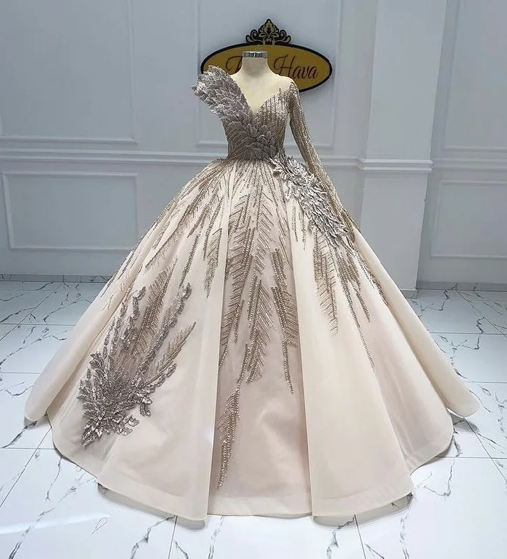 Fashionable Tops for Women Champagne Gorgeous Elegant V-neck Applique Beaded Long Tulle Ball Gown Evening Dress gh3130