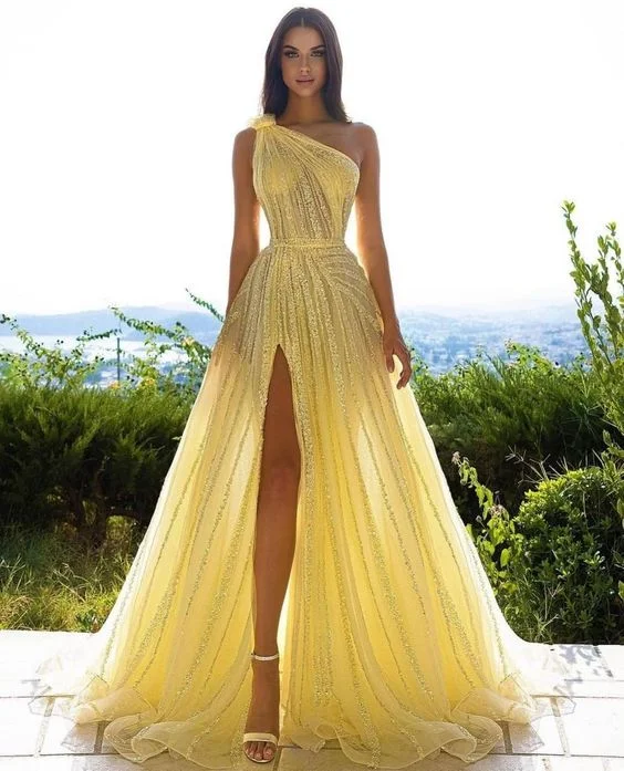 Women's Clothing Sets Yellow shiny elegant exquisite beaded long tulle ball gown unique evening dress gh1876