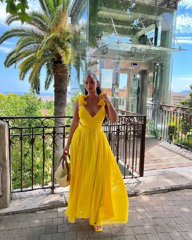 Comfy Women's Outfits for Daily Wear Yellow V-neck stylish elegant long chiffon ball gown evening dress party dress gh3053