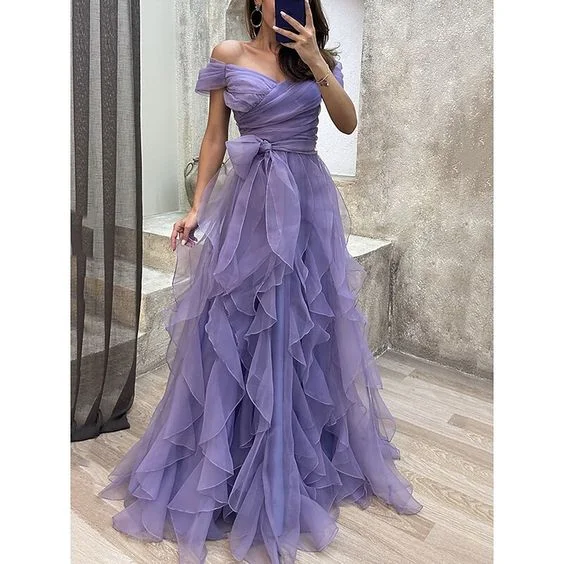 Women's Romantic Outfit A  Line Purple Prom Dress Layered Evening Gown gh2783