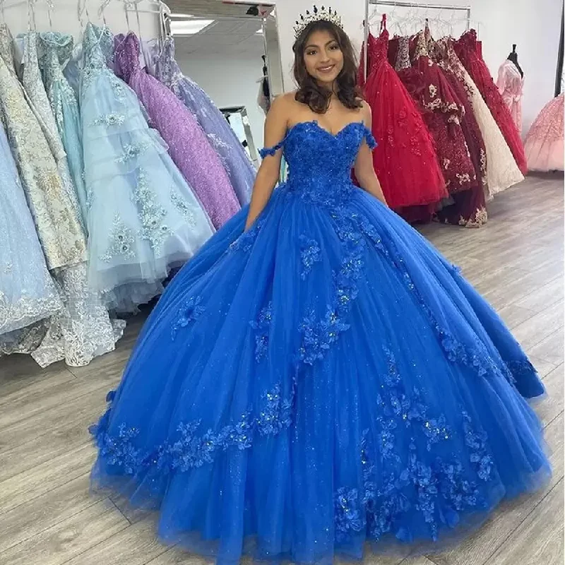 Women's High-End Clothing Off-the-shoulder ball gown Quinceanera dress fashion 3D flower tulle sweet 16 years old princess party dress gh948