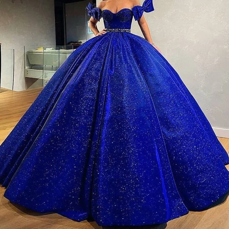 Casual and Comfortable Outfits Blue gorgeous shiny sequined off-the-shoulder long ball gown evening dress gh3090