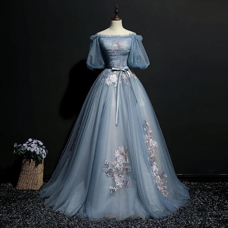 Women's Elegant Apparel Gray blue tulle lace long prom gown, formal dress  7959