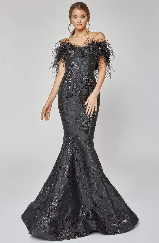 Women's Chic Outfit Terani Couture 1921E0136 - Feather Trimmed Evening Gown