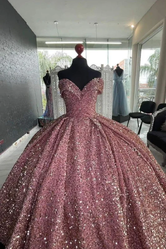 Casual Fashion for Women Pink Shiny Sequins Elegant Long Ball Gown Evening Dress Graduation Ball Gown gh3112