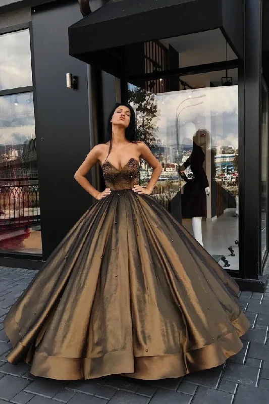 Women's Everyday Garments Ball Gown Sweetheart Brown Long Strapless Beads Sleeveless Quinceanera Dresses  gh2223