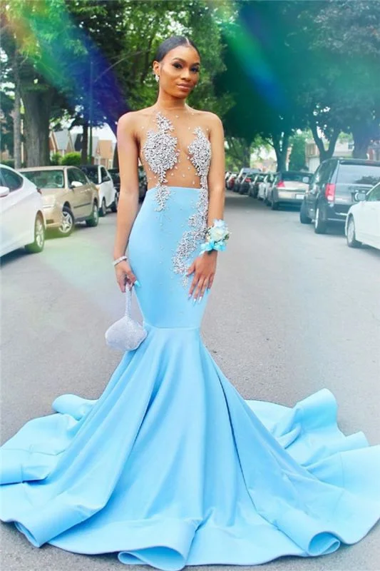 Affordable Women's Garments Mermaid Sheer Tulle Sexy Prom Dresses for Juniors | Crystals Sky Blue Evening Gowns gh2426