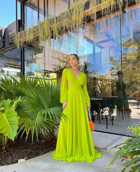 Stylish Everyday Clothing Yellow Green A-line elegant flowing long chiffon ball gown evening dress party dress gh3094