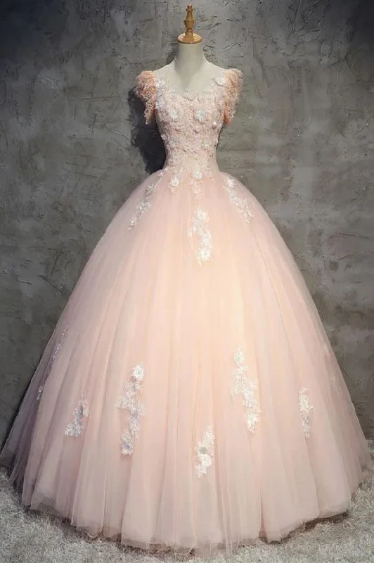 Affordable Fashion Clothing For Women Light Peach Tulle Long Prom Dress With Flowers, Princess Ball Gown Sheer Neck Party Dress gh990