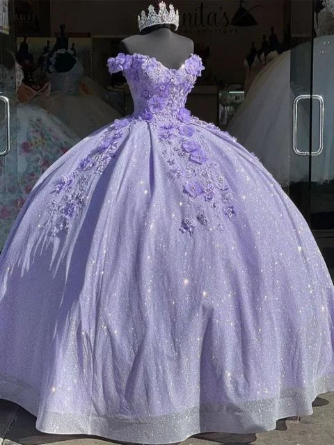 Vintage-Inspired Women's Apparel Lilac sparkling long ball gown evening dress quinceanera 3D flower sweetheart 15 16 princess ball gown gh910