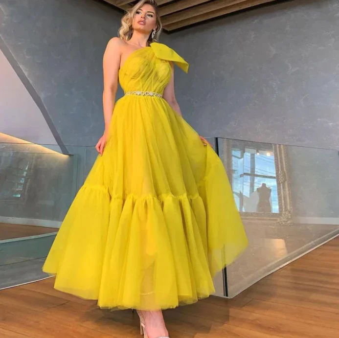 Women's Everyday Apparel One Shoulder Yellow Tulle Short Prom Dress Tea Length Homecoming Dress Princess Women Party Gowns Plus Size  gh2073