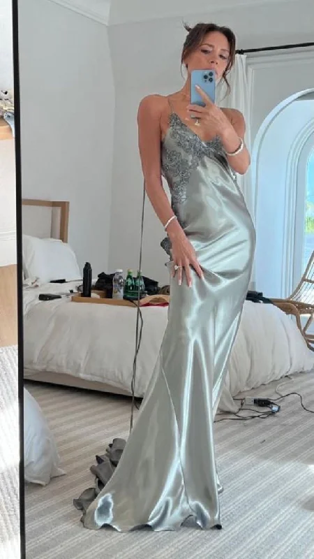 Luxury Women's Clothing Silver Low Cut V Neck Embroidery Elegant Sexy Long Ball Gown Evening Dress Party Dress gh3026