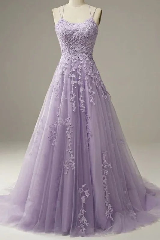 Women's Clothes For The Office Custom Made Lace Lilac Prom Dresses Long Evening Dress Spaghetti Straps Formal Gown with Train  gh1151