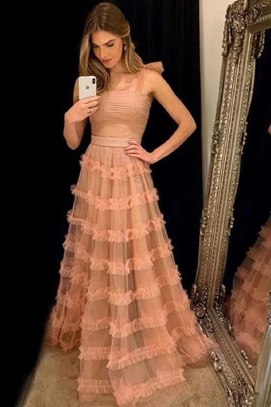 Trendy Casual Outfits Pink Halter Tulle Fashion Elegant A-Line Tulle Long Ball Gown Evening Dress Party Dress gh3107