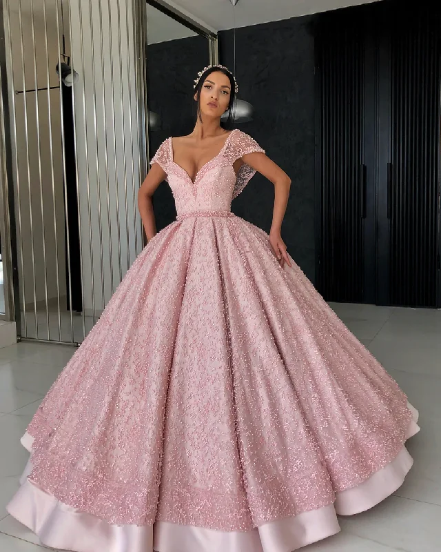 Women's Functional Outdoor Garments Gorgeous pink ball gown V neck floor length organza beaded crochet flowers evening dress gh2221