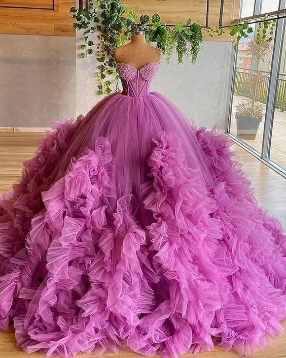 Women's Holiday Clothing Sweetheart Purple Beading Bodice Tulle Ruffle Pleated Ball Gown Evening Dress prom gown gh951