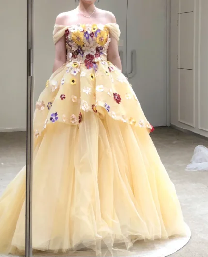 Timeless Women's Outfit Off the shoulder 3D flower prom dress a line yellow gown gh2781