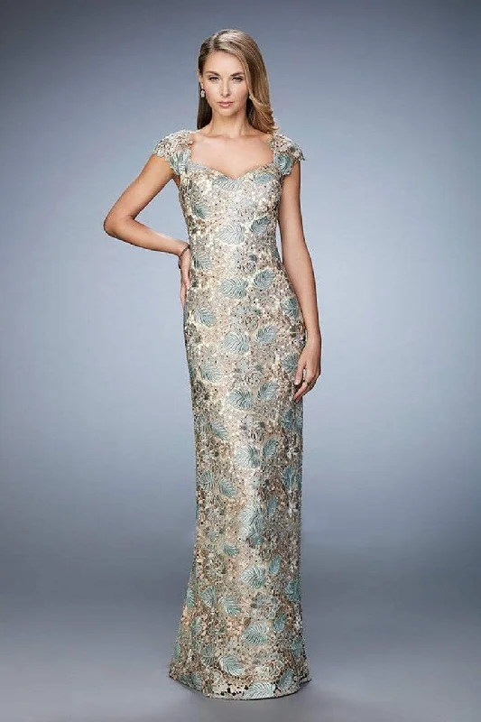 Women's Contemporary Clothing La Femme - Ornate Cap Sleeve Lace Brocade Gown - 1 pc Gold/Aqua In Size 20 Available