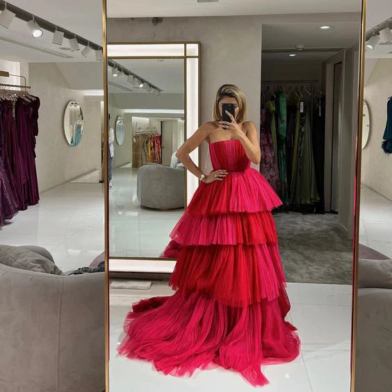 Casual Dresses for Women Hot Pink Tulle Tiered Floor Length Maxi Ball Gown Evening Dress gh3069