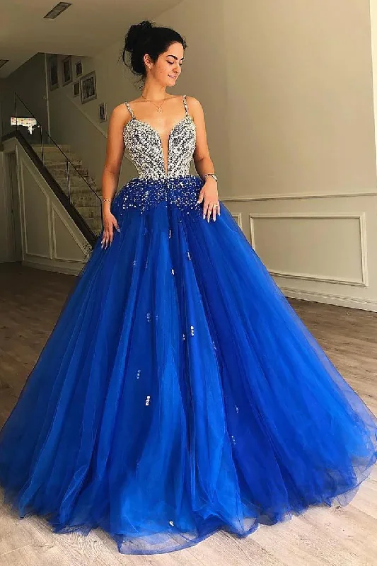 Formal Garments For Women Plunging Neck Royal Blue Ball Gown Prom Dress with Beading gh2477