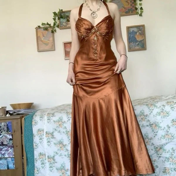 Fashion-forward Women's Clothing Beautiful Vintage Mermaid Strapless Sleeveless Brown Long Ball Gown Evening Dress with Beading gh3031